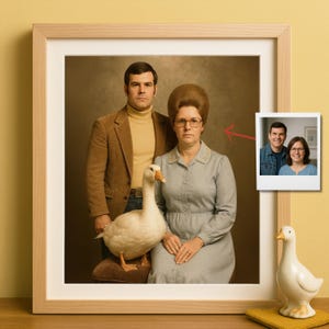 Funny 70s Style Custom Portrait for Couples, Vintage Photo Art with Turtlenecks & Big Hair