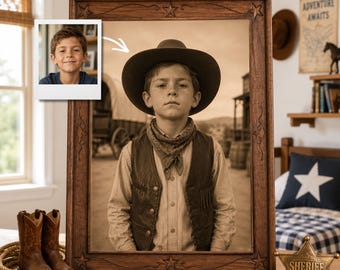 Custom Kid Cowboy Portrait From Photo, Personalized Sepia Western Boy Wall Art, Vintage Wild West Birthday Print, Children Room Gift