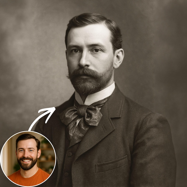 May include: Sepia-toned portrait of a man in a dark suit with a large bow tie. The man has a full beard and mustache. A smaller, color portrait of a smiling man in an orange shirt is in a circle in the lower left corner.