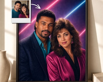 Custom Couple Portrait From Photo, Personalized 1980s Neon Anniversary Gift for Him Her, Retro Laser Glamour Shot Wall Art, Studio Portrait