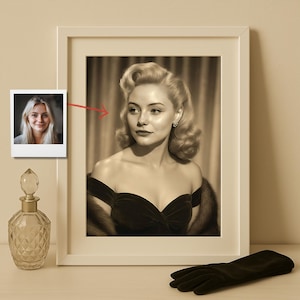 Ritratto glamour anni '40 da una tua foto, elegante ritratto vintage in bianco e nero con capelli e abito classici, opera d'arte retrò personalizzata per donne