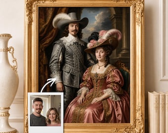 Custom Renaissance Couple Portrait From Photo, Personalized Royal Baroque Wall Art, Vintage Anniversary Gift, Elegant Home Decor Painting