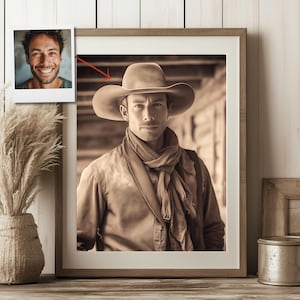 Custom Cowboy Portrait from Photo - Vintage Western Couple Style, Personalized Anniversary Gift, Unique Americana Art
