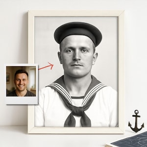 1920s Custom Sailor Portrait from Photo, Sepia Nautical Art Gift for Him, Vintage Navy Uniform Wall Print, Maritime Decor for Men