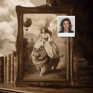 Victorian Fantasy Portrait From Photo, Custom Gothic Lady Cat Artwork, Personalized Historical Wall Decor Gift