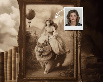 Victorian Fantasy Portrait From Photo, Custom Gothic Lady Cat Artwork, Personalized Historical Wall Decor Gift
