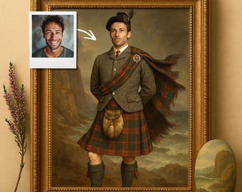 Custom Portrait for Him in Kilt, Personalized Scottish Highlander Artwork from Your Photo