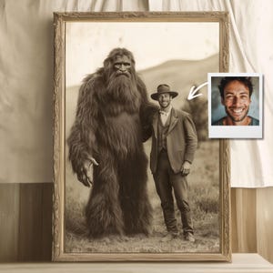 May include: Sepia-toned framed print featuring a man posing with a large, furry Bigfoot-like creature. The man wears a suit and hat, while a small photo of a smiling man is in the corner. The frame has an ornate, vintage design.