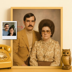 Funny Retro Couple Portrait from Photo in 1970s Style, Personalized Vintage Artwork, Custom Framed Wall Art Gift with Kitsch Humor