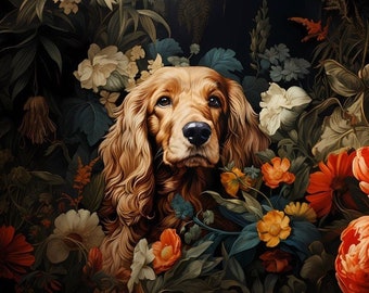 Art Nouveau Golden Cocker Spaniel Print: Elegant Dog Portrait