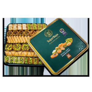 Full box of Mixed Baklava pistachio, cashew and nuts Al Sultan Sweets 1000g METAL BOX 2.2 lb حلويات مشكله بقلاوه من حلويات السلطان