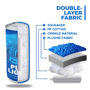 May include: A blue and white dog toy shaped like a can of beer. The toy is made with multiple layers of fabric, including a squeaker, PP cotton, crinkle material, and a plush fabric. The toy is labeled "Pup Light Dog Toy Beer".