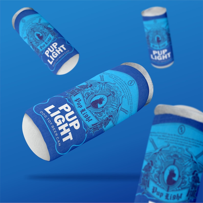 May include: Four blue and white dog toy beer cans with the text "Pup Light" and "Dog Toy Beer Can".