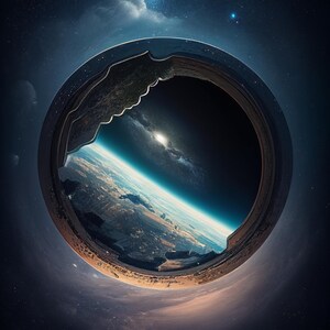 Puede incluir: Obra de arte digital que representa un portal circular que revela una vista de la Tierra desde el espacio. La imagen presenta un cielo oscuro y estrellado, un planeta azul y blanco brillante y un marco circular oscuro.