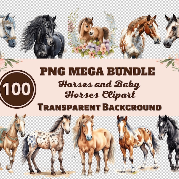 Horses and Baby Horses Mega Bundle 100 PNG Clipart - Transparent PNG Collection, Watercolor Graphics, Nursery Wall Art, Baby Shower Decor