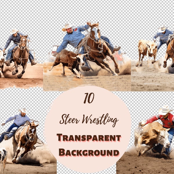 Steer wrestling or bulldogging, Rodeo Cowboys Clipart Bundle Transparent PNG Collection, Digital Prints, Transfers for T-Shirts DIY Projects