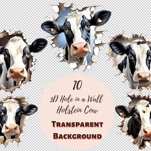 3D Hole in a Wall Holstein Cow Design Bundle - PNG Transparent Clipart Collection, Grafiki Akwarelowe, Sztuka Ścienna Do Pokoju Dziecięcego, Dekoracje Na Baby Shower