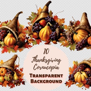 Pacchetto Design Cornucopia del Ringraziamento - Collezione di clipart trasparenti PNG, Grafica ad acquerello, Arte della parete della scuola materna, Trasferimenti per magliette