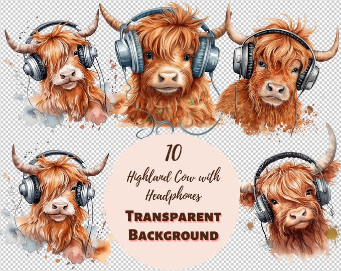 Highland Cow With Headphones Design Bundle - PNG Transparent Clipart ...