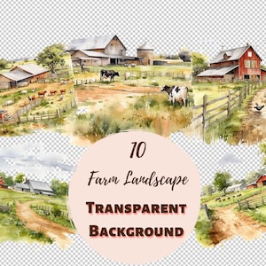 Pacchetto clipart paesaggio fattoria - Collezione PNG trasparente, grafica ad acquerello, arte della parete della scuola materna, baby shower e altro ancora
