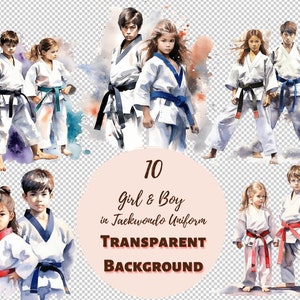 Esclusivo Girl & Boy in Taekwondo Uniform Clipart Bundle Collezione PNG trasparente, stampe digitali, trasferimenti per magliette e progetti fai da te