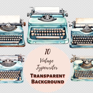 Pacchetto Clipart macchina da scrivere vintage - Collezione PNG trasparente, Grafica ad acquerello, Colore pastello, Stampe digitali, Trasferimenti per T-shirt