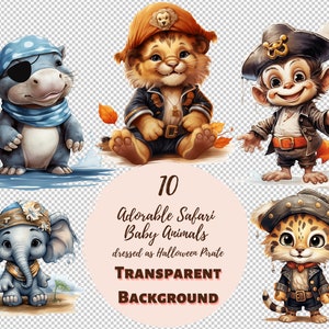 Adorable Safari Baby Animals dressed as Halloween Pirate Clipart Bundle - Transparent PNG Collection, Watercolor Graphics, Baby Shower Decor