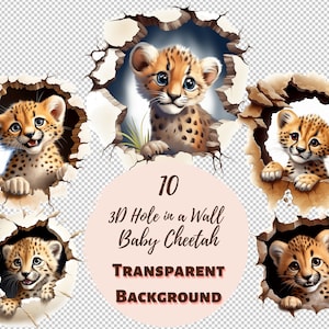 3D Hole in a Wall Baby Cheetah Design Bundle - PNG Transparent Clipart Collection, Watercolor Graphics, Nursery Wall Art, Baby Shower Decor
