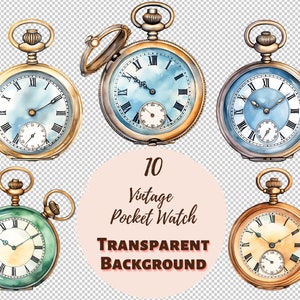 Paquete de imágenes prediseñadas de reloj de bolsillo vintage - Colección PNG transparente, gráficos de acuarela, color pastel, impresiones digitales, transferencias para camisetas