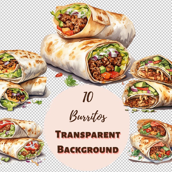 Burritos Design Bundle - PNG Transparent Clipart Collection, Watercolor Graphics, Nursery Wall Art, Transfers for T-Shirts and more