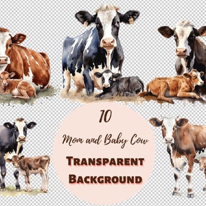 Pacote de clipart de vaca e mãe e bebê - coleção PNG transparente, impressões digitais, clipart e transferências para camisetas e projetos DIY
