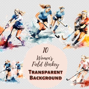 Pacote de clipart de hóquei em campo feminino - coleção PNG transparente, impressões digitais, aquarela e transferências para camisetas e projetos DIY