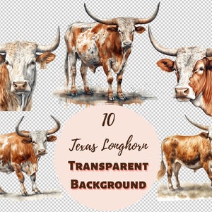 Texas Longhorn Clipart Bundle - Collection PNG transparente, impressions numériques, Clipart et transferts pour T-shirts et projets de bricolage et plus encore !