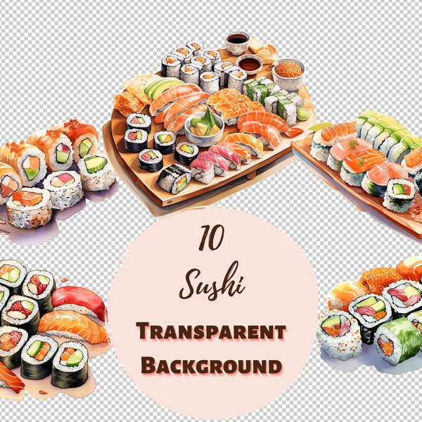 Sushi Design Bundle - PNG Transparent Clipart Collection, Watercolor Graphics, Nursery Wall Art, Baby Shower Decor and more