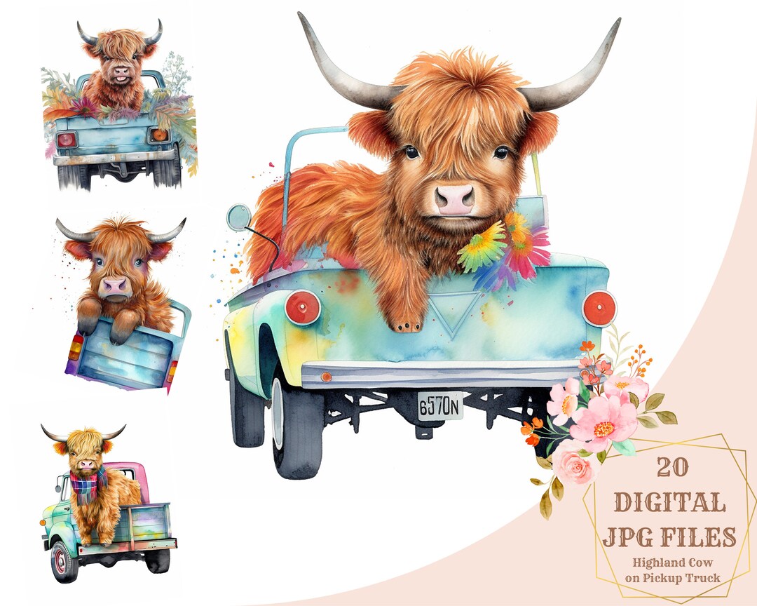 Highland Cow in Truck Clipart: Watercolor PNG Bundle (digital Prints ...