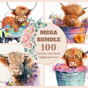 Highland Cow Mega Bundle : jolis cliparts, impressions numériques et transferts de t-shirts pour les projets d'artisanat et de bricolage !