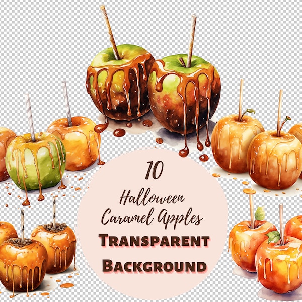 Halloween Caramel Apples Clipart Bundle - Transparent PNG Collection, Watercolor Graphics, Pastel color, Digital Prints, Baby Shower Decor