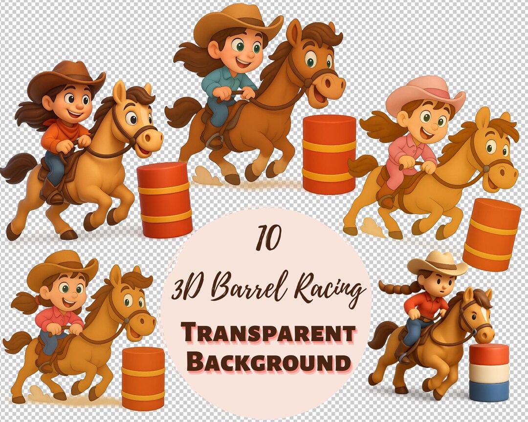 3D Barrel Racing, Cartoon Clipart Bundle Transparent PNG Collection ...