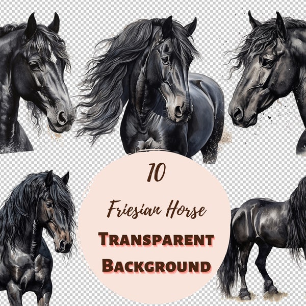 Cheval frison - Collection PNG transparente, graphiques à l'aquarelle, art mural de pépinière, décor de douche de bébé et plus