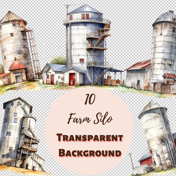 Farm Silo Clipart Bundle - Transparent PNG Collection, Watercolor Graphics, Nursery Wall Art, Baby Shower and more