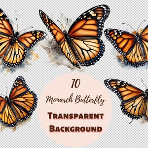 Monarch Butterfly Clipart Bundle - Collection PNG transparente, graphiques aquarelles, art mural de pépinière, décor de douche de bébé et plus