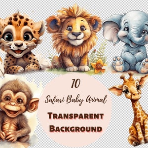 Adorable Safari Baby Animals Clipart Bundle - Colección PNG transparente, gráficos de acuarela, arte de pared de guardería, decoración de ducha de bebé y más