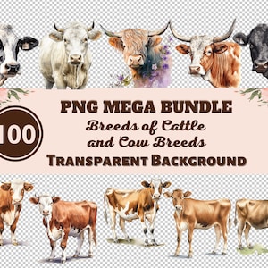 Rassen von Rindern und Kuhrassen Mega Bundle 100 PNG Clipart - Transparente PNG-Sammlung, Aquarellgrafiken, Kinderzimmer Wandkunst