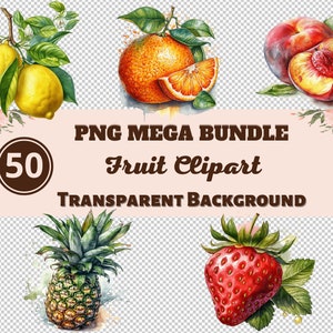 Obst Mega Bundle 50 PNG-Clipart-Bilder - Transparente PNG-Sammlung, Aquarellgrafiken, Kinderzimmer Wandkunst, Babyparty-Dekor und mehr