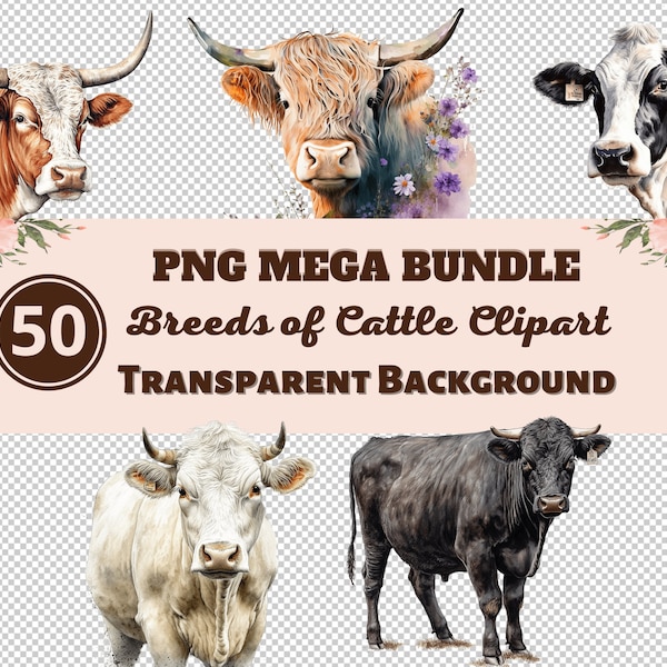 Breeds of Cattle Mega Bundle 50 PNG Clipart - Transparent PNG Collection, Digital Prints, Clipart, Transfers for T-Shirts and DIY Projects!