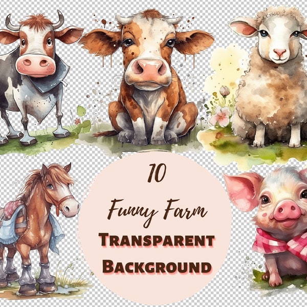 Pacchetto Clipart Funny Farm - Collezione PNG trasparente, Grafica ad acquerello, Nursery Wall Art, Baby Shower e altro ancora