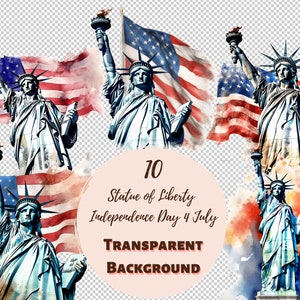 Dia da Independência da Estátua da Liberdade, 4 de julho, pacote de clipart, coleção PNG transparente, impressões digitais, transferências para camisetas e projetos DIY