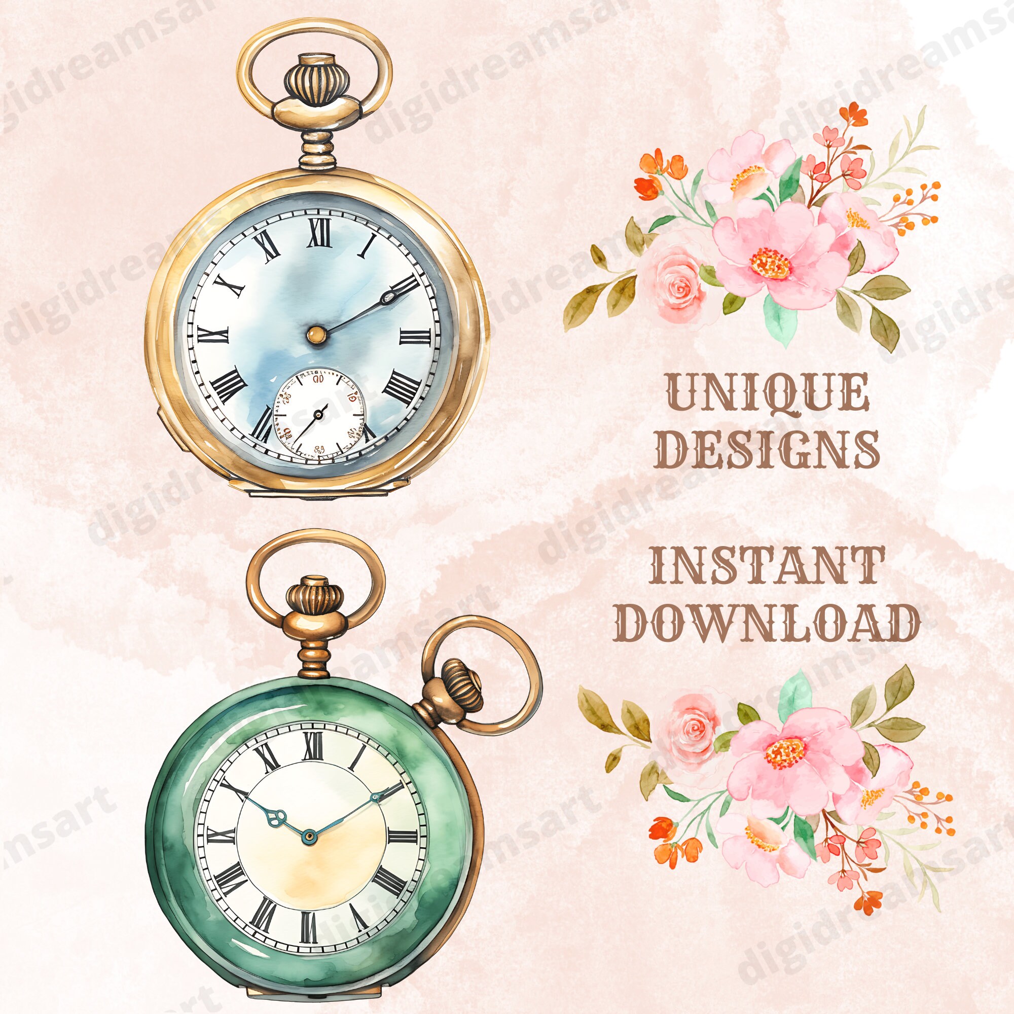 Vintage Pocket Watch Clipart Bundle Transparent PNG - Etsy