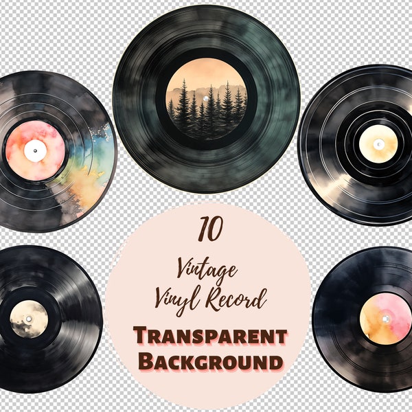 Vintage Vinyl Record Clipart Bundle - Transparent PNG Collection, Digital Prints, Clipart, and Transfers for T-Shirts and DIY Projects