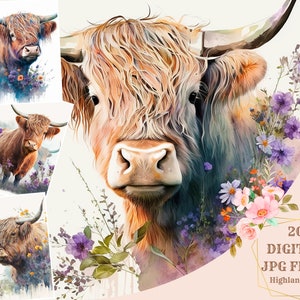 Highland Cow Clipart Bundle - Artisanat, Papier numérique, Illustrations de vaches mignonnes, Décor de ferme
